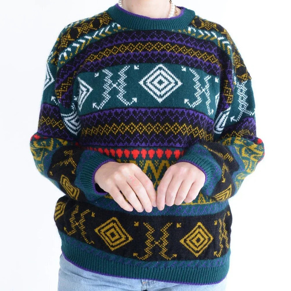 Vintage  90'S Worthington Essentials Eclectic Grandpa Knit Crewneck Sweater M - Picture 2 of 12